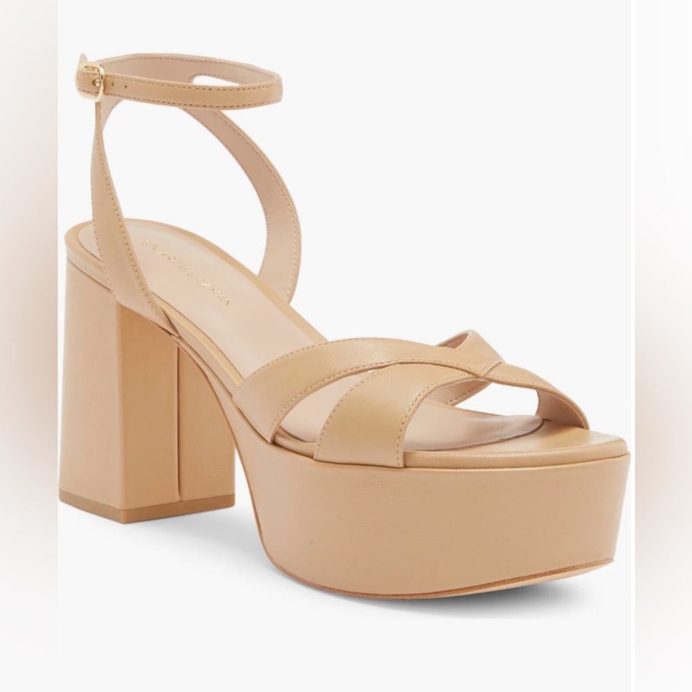NEW Stuart Weitzman Miami Platform Sandal: Light Beige Leather, Ankle Strap 10
